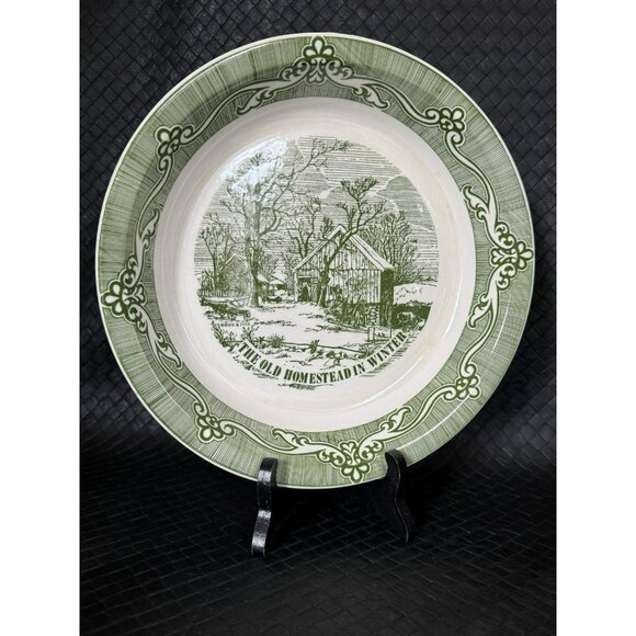 Old Homestead in Winter Pie Plate Royal China Green 10 Currier & Ives Blue Set 2 - Picture 6 of 10